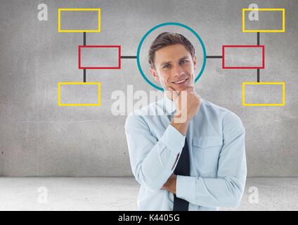 Composito Digitale di imprenditore e colorata mappa mentale su sfondo grigio Foto Stock