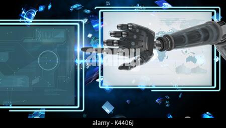 Composito Digitale della mano di robot che interagiscono con la tecnologia dei pannelli di interfaccia Foto Stock