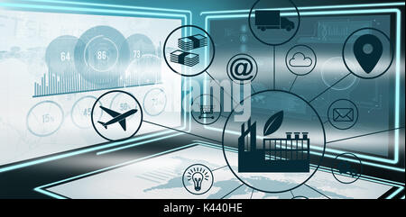 Immagine composita dell'industria nel mezzo di varie icone contro l'immagine grafica della crescita aziendale grafici in 3D Foto Stock