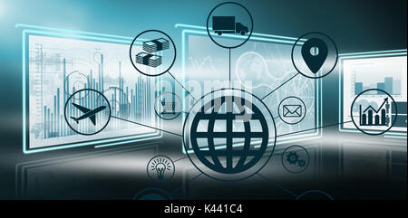 Immagine composita del globo in mezzo a varie icone contro immagine in computer grafica di busin in 3Dess grafici Foto Stock