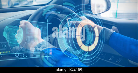 Generati digitalmente immagine di interfaccia di apparecchiatura medica contro le mani tagliate della donna la prova di guida Foto Stock