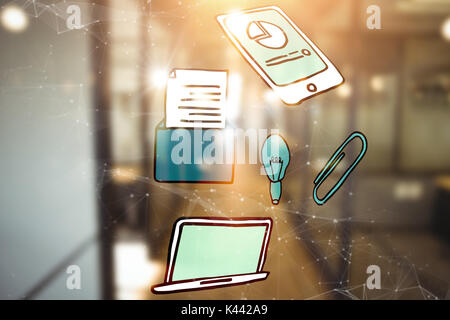 Costellazione tra stelle contro la sfocatura vista del corridoio di ufficio e area di lavoro Foto Stock