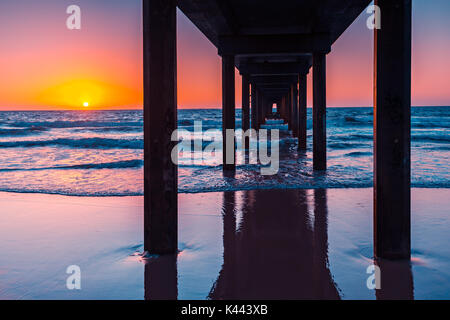 Il tramonto visto da sotto il Molo di Brighton, Sud Australia Foto Stock