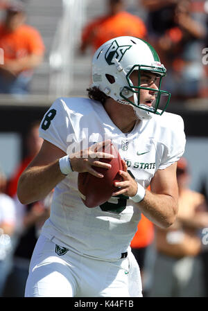 Reser Stadium, Corvallis, O STATI UNITI D'AMERICA. 02Sep, 2017. Portland State Vikings quarterback Cadei Smith (8) durante il NCAA Football gioco tra la Oregon State castori e il Portland State Vichinghi Reser Stadium, Corvallis, o. Larry C. LawsonCSM/Alamy Live News Foto Stock