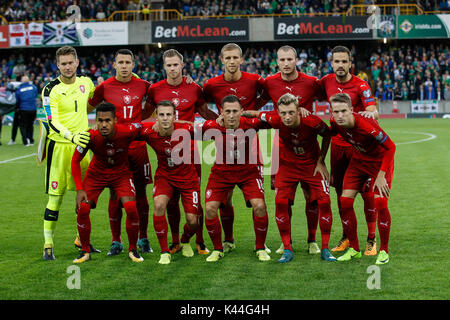 Belfast, Irlanda del Nord. 04 Sep, 2017. Repubblica ceca line up prima della Coppa del Mondo FIFA 2018 qualifica del gruppo C match tra Irlanda del Nord e Repubblica ceca a Windsor Park il 4 settembre 2017 a Belfast, Irlanda del Nord. (Foto di Daniel Chesterton/phcimages.com) Credit: Immagini di PHC/Alamy Live News Foto Stock