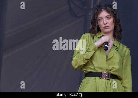 Vancouver, Canada. 03Sep, 2017. Vancouver, Canada. 3 Sep, 2017. Nuova Zelanda il cantante-cantautore lorde effettuando al iHeartRadio palla spiaggia presso l'Anfiteatro PNE in Vancouver, BC, Canada. Credito: Jamie Taylor/Alamy Live News. Foto Stock