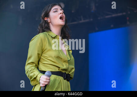 Vancouver, Canada. 03Sep, 2017. Vancouver, Canada. 3 Sep, 2017. Nuova Zelanda il cantante-cantautore lorde effettuando al iHeartRadio palla spiaggia presso l'Anfiteatro PNE in Vancouver, BC, Canada. Credito: Jamie Taylor/Alamy Live News. Foto Stock