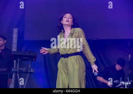 Vancouver, Canada. 03Sep, 2017. Vancouver, Canada. 3 Sep, 2017. Nuova Zelanda il cantante-cantautore lorde effettuando al iHeartRadio palla spiaggia presso l'Anfiteatro PNE in Vancouver, BC, Canada. Credito: Jamie Taylor/Alamy Live News. Foto Stock