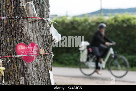 Un cuore di carta indica 'orecchio Maria, non ti dimenticheremo mai' è appeso vicino al sito di criminalità presso il fiume Dreisam a Friburgo in Germania, 04 settembre 2017. La versione di prova di Hussein K., che hanno assassinato presumibilmente 19-anno-vecchio Maria, inizia il 05 settembre 2017. Egli avrebbe aggredito e stuprato la ragazza, prima che egli ha spinto la ragazza incosciente in acqua dove ha affogato. Foto: Patrick Seeger/dpa Foto Stock