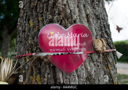 Un cuore di carta indica 'orecchio Maria, non ti dimenticheremo mai' è appeso vicino al sito di criminalità presso il fiume Dreisam a Friburgo in Germania, 04 settembre 2017. La versione di prova di Hussein K., che hanno assassinato presumibilmente 19-anno-vecchio Maria, inizia il 05 settembre 2017. Egli avrebbe aggredito e stuprato la ragazza, prima che egli ha spinto la ragazza incosciente in acqua dove ha affogato. Foto: Patrick Seeger/dpa Foto Stock