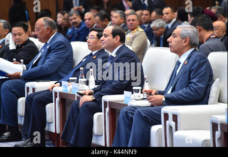 Xiamen, Fujian, Cina. 4 Sep, 2017. Il Presidente egiziano Abdel-Fattah al-Sisi assiste il BRICS Business Forum di Xiamen, a sud-est della Cina di provincia del Fujian, Sett. 4, 2017 Credito: il Presidente egiziano Ufficio APA/images/ZUMA filo/Alamy Live News Foto Stock