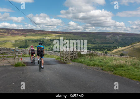 Yorkshire Dales paesaggio. Due maschi i ciclisti pedalare attraverso una griglia di bestiame su bici da strada come scendono nella bellissima valle Littondale, REGNO UNITO Foto Stock