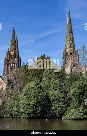 Lichfield Cathedral si trova a Lichfield, Staffordshire, Inghilterra. È il solo inglese medievale Cattedrale con tre guglie Foto Stock