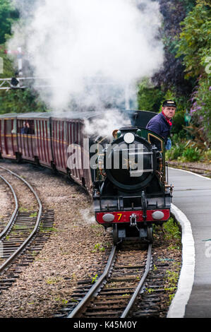 Locomotore 7 Typhoon del Romney Hythe & Dymchurch Railway avvicinando Hythe stazione. Foto Stock