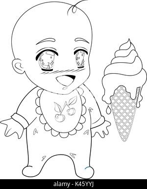 Pagina di colorazione con un bimbo piccolo e un gelato. Illustrazione Vettoriale