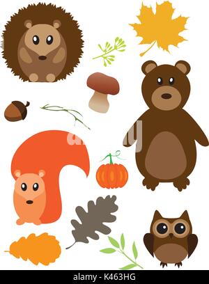 Illustrazione vettoriale di simpatici animali impostare,bear, riccio, lo scoiattolo, il gufo Illustrazione Vettoriale