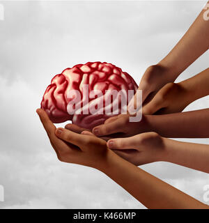 Neurologia salute cura del gruppo come diverse mani tenendo un cervello umano come un team psicologia metafora con 3D'illustrazione degli elementi. Foto Stock