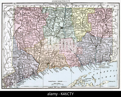 Mappa Antico, circa 1875, del Connecticut Foto Stock