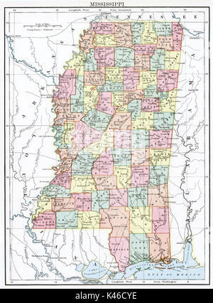 Mappa Antico, circa 1875, del Mississippi Foto Stock