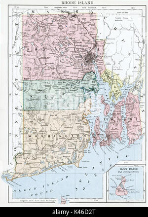 Mappa Antico, circa 1875, del Rhode Island Foto Stock