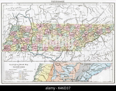 Mappa Antico, circa 1875, del Tennessee Foto Stock