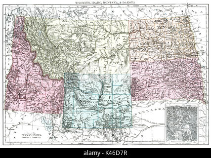 Mappa Antico, circa 1875, di Wyoming-Idaho-Montana-Dakota Foto Stock