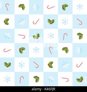 Seamless pattern di Natale con foglie di agrifoglio, candy canes e fiocchi di neve Illustrazione Vettoriale