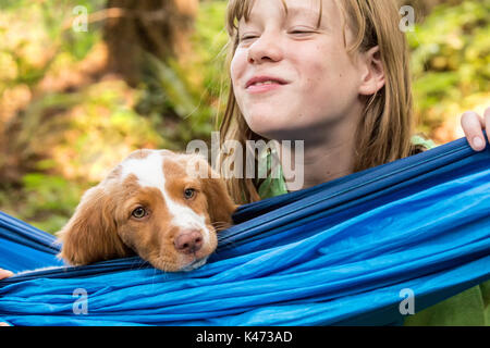 Dieci anni di vecchia ragazza guardando i suoi due mese vecchio Epagneul Breton "Archie" che è appoggiato in una amaca, Issaquah, Washington, Stati Uniti d'America Foto Stock