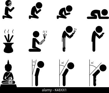 Il rispetto e la preghiera icona in stile asiatico, disegno vettoriale Illustrazione Vettoriale