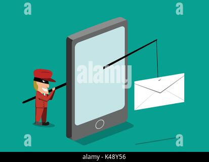 Scammer invia i messaggi di posta elettronica di phishing da telefono cellulare, disegno vettoriale Illustrazione Vettoriale