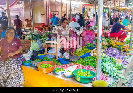 Wellawaya, sri lanka - 2 dicembre 2016: venditore vegetali offrono varietà di frutta e verdura fresche, il 2 dicembre in wellawaya Foto Stock