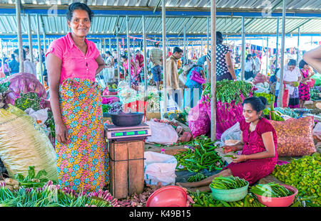 Wellawaya, sri lanka - 2 dicembre 2016: il sorridente mercanti circondato con cumuli di porri, bamia e altri ortaggi, il 2 dicembre in wellawaya Foto Stock