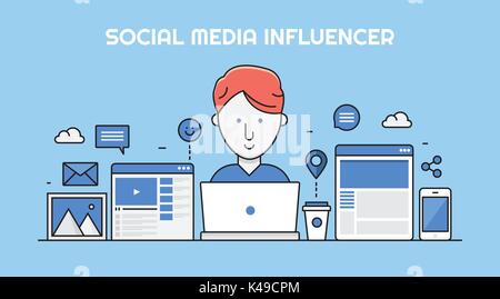 Social media influencer - influencer marketing concetto. design piatto vettore banner web. Illustrazione Vettoriale