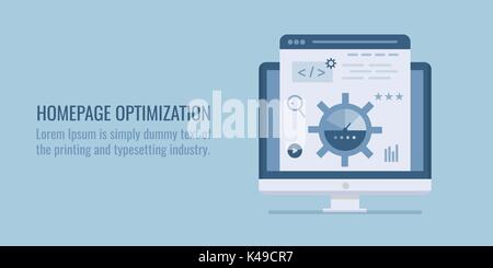 Homepage - ottimizzazione sito web seo - le prestazioni dei siti web. Design piatto banner vettore concetto. Illustrazione Vettoriale