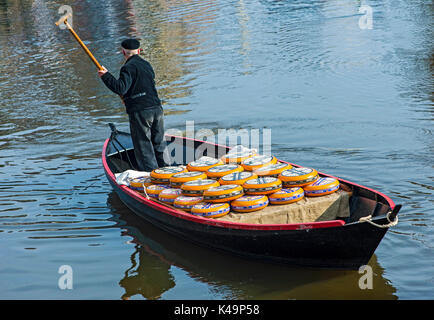 Trasporto di Beemster formaggio in una barca con timoniere su un canale, Alkmaar, Paesi Bassi Foto Stock