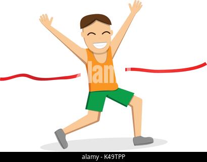 Happy runner maschio attraversare la linea del traguardo, disegno vettoriale Illustrazione Vettoriale