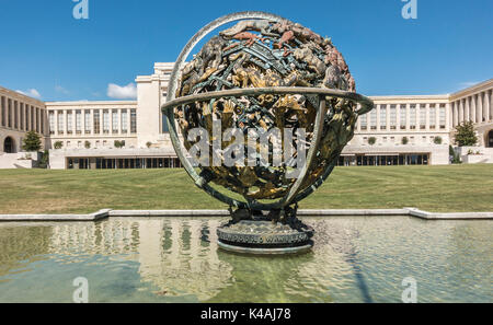 Wilson globus o globo celeste, ariana park, sul retro palazzo delle Nazioni, Ufficio delle Nazioni Unite a Ginevra, onug, Ginevra Foto Stock