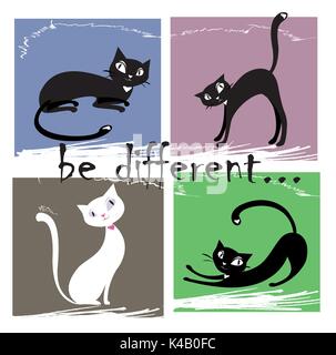 Essere diversi,uno bianco e tre gatto nero su uno sfondo colorato, illustrazione vettoriale Illustrazione Vettoriale