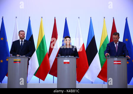 Varsavia, Polonia. 05 Sep, 2017. Il Primer Beata Szydlo terrà conferenza stampa congiunta con il lettone Primo Ministro Maris Kucinskis e primo ministro lituano, Saulius Skvernelis a Varsavia. Credito: Jake Ratz/Alamy Live News Foto Stock