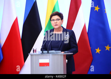 Varsavia, Polonia. 05 Sep, 2017. Il Primer Beata Szydlo terrà conferenza stampa congiunta con il lettone Primo Ministro Maris Kucinskis e primo ministro lituano, Saulius Skvernelis a Varsavia. Credito: Jake Ratz/Alamy Live News Foto Stock