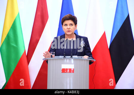 Varsavia, Polonia. 05 Sep, 2017. Il Primer Beata Szydlo terrà conferenza stampa congiunta con il lettone Primo Ministro Maris Kucinskis e primo ministro lituano, Saulius Skvernelis a Varsavia. Credito: Jake Ratz/Alamy Live News Foto Stock