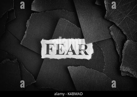 La paura. Frammenti di carta nera e la parola paura. Concetto di immagine. In bianco e nero. Primo piano. Foto Stock