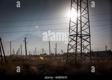 Paesaggio di fronte a Monte Ararat tra Yerevan e il monastero di Kkor Virap, in Armenia. Foto Stock