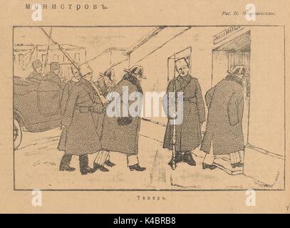 Cartone animato da N Nikolayevskiy russo di ministri di governo essendo posto sotto arresto durante la rivoluzione russa, dal giornale satirico Bich, 1917. Foto Stock