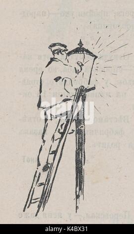Cartoon di una illuminazione lamplighter un gas lampione, dal russo giornale satirico Fonar, 1905. Foto Stock