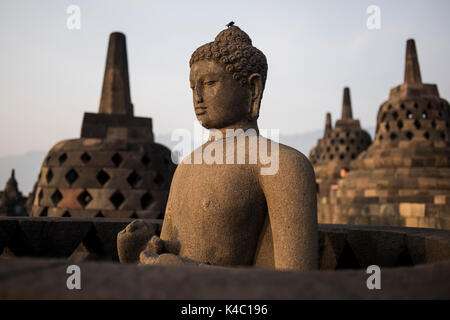 Statua del Buddha presso il tempio borobudor in java, Indonesia. Foto Stock