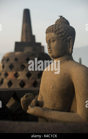 Statua del Buddha presso il tempio borobudor in java, Indonesia. Foto Stock