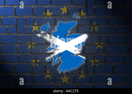 Silhouette della Scozia con bandiera e muro dell'Unione europea Foto Stock