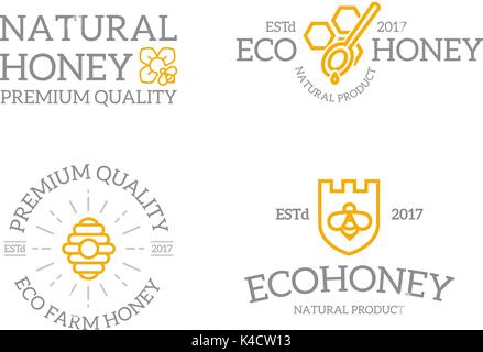 Set di retro vintage miele e protezione con un'ape, honeycomb, hive logo o insegne, emblemi, etichette e distintivi e altri oggetti di branding. Vettore stile linea Illustrazione Vettoriale