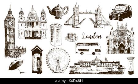 Simboli di londra: Big Ben, Tower Bridge, bus, guardsman, mail box, box di chiamata. st. paul cathedral, tè, ombrello, Westminster. Illustrazione Vettoriale